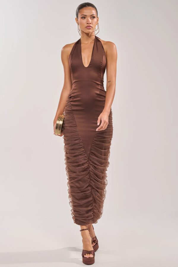 Nikki Halter Chiffon Maxi Dress for Women – Brown