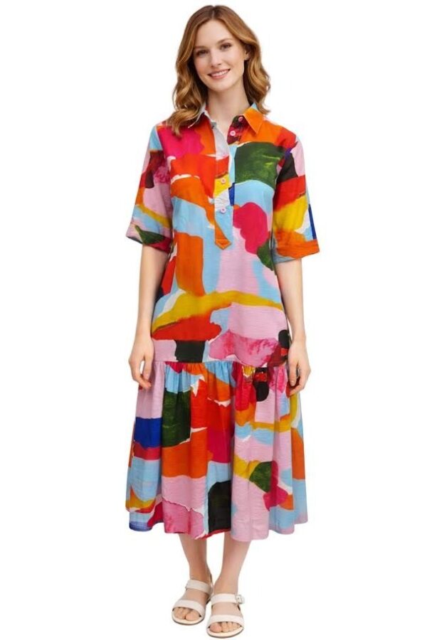 Barrio Clothing Women’s Colorful Abstract Art Print Midi Shirt Dress with Tiered Hem