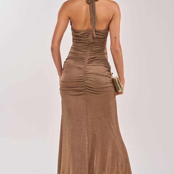Serpenti Metallic Brown Plunge Maxi Dress for Women (1)